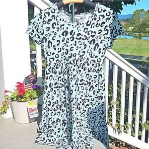 Pink Rose dress babydoll short sleeve baby blue aqua leapord midi dress new